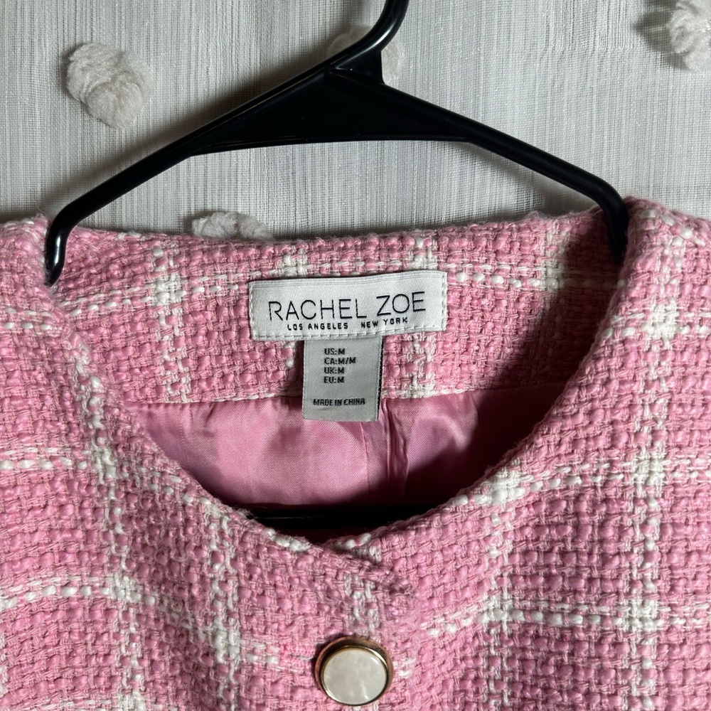 Rachel Zoe Women’s Pink and White Plaid Tweed Button-Down Blazer Jacket Size M - Picture 6 of 9